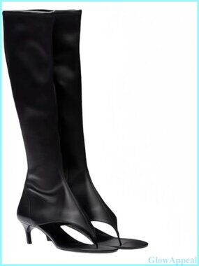 Kitten Heel Knee High Boots Open Toe Thong Stretch Faux Leather